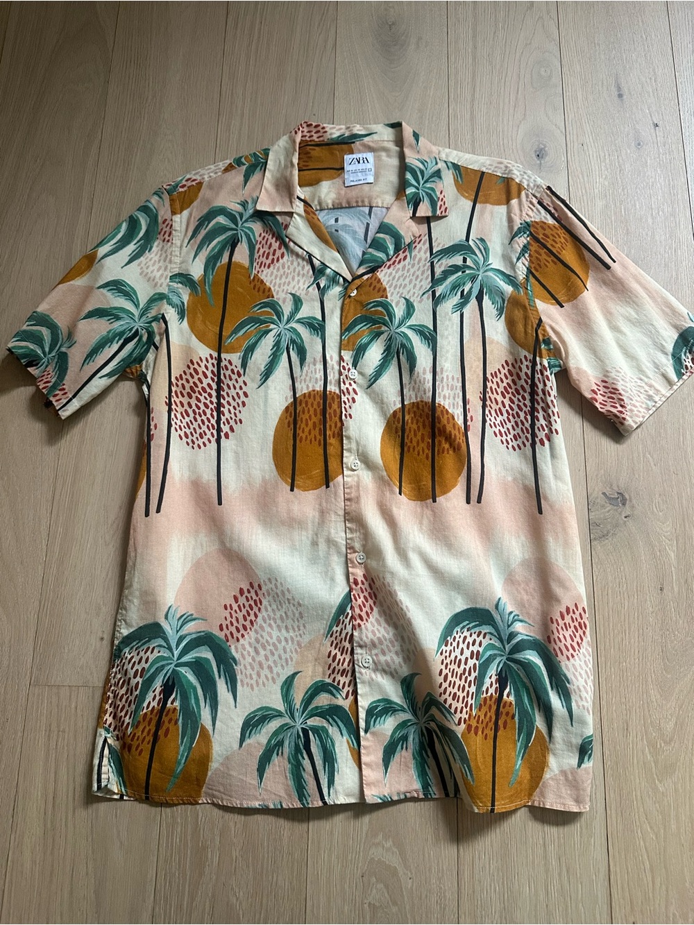 ZARA Peach Short Sleeve Palm Print Button-Down Shirt with Mustard Accents